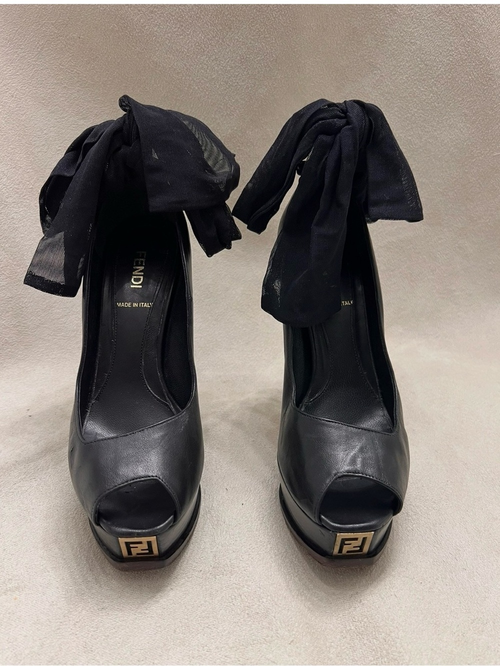Fendi Black Leather Peep-Toe Platform Cinderella with Ankle Ribbon